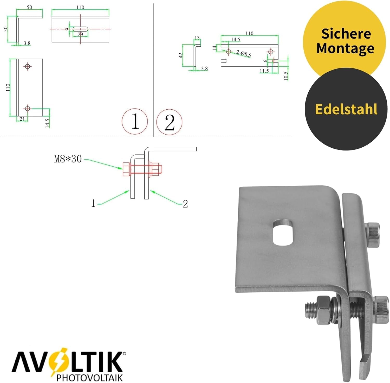 Avoltik 10x Dachfalzklemme zur Solarpanel Befestigung I Stehfalzklemme Photovoltaik aus Edelstahl 1.4301 I Klemme 45x52mm zur Solarmodul Dachbefestigung I Montageklemme zur Stehfalzdach-Montage