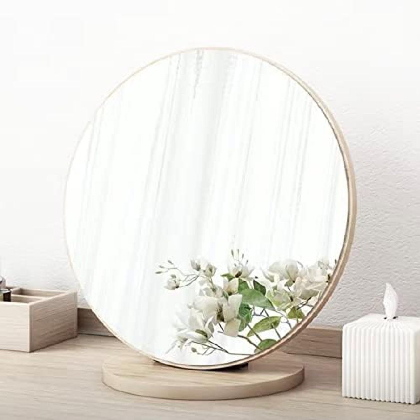 Yatinmem Wooden 30Cm Round Tabletop Vanity Mirror, 90° Adjustable, High-Definition Desk Mirror