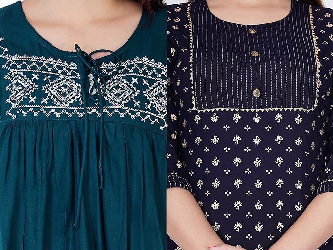 Image of Shiva Fab Short Kurti for Women | Embroidered Straight Rayon Kurta | Round Neck Full Sleeves Short Kurti for Women's Combo Pack of 2