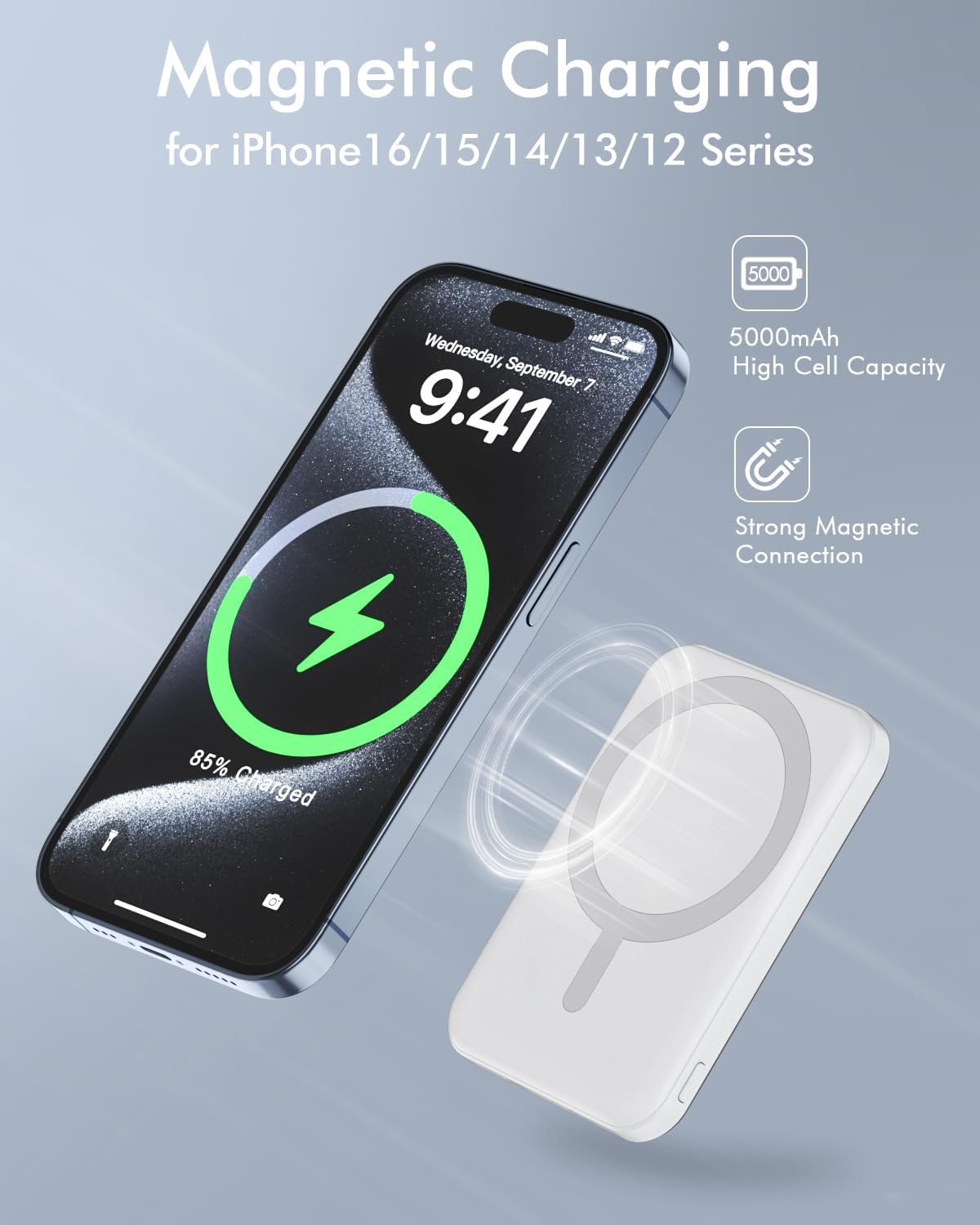 An iPhone 15 displaying a charging icon, with the Podoru magnetic power bank attached to its back, illustrating magnetic wireless charging.