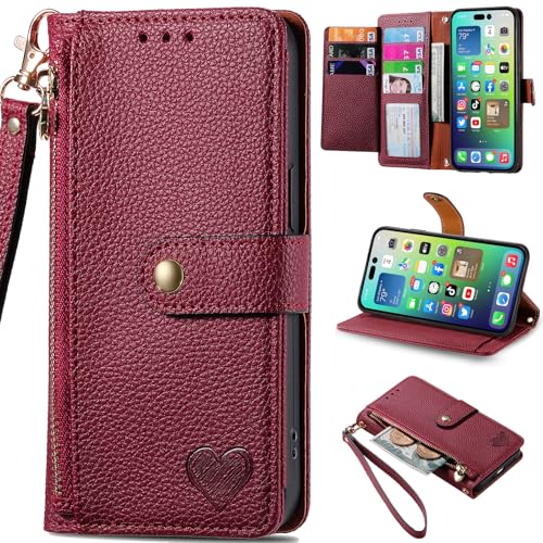 kaijir Wallet Case for Realme C85, RFID Blocking, Card Slots Holder, Kickstand, Magnetic Clasp Cover, Zipper Cases for Realme C85 with Strap-Red