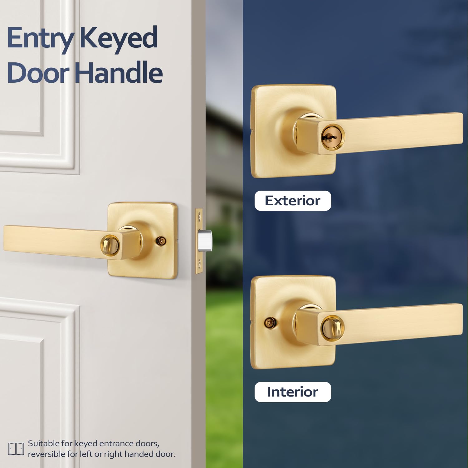 EHOMEWARE Paquete de 4 manijas de puerta de entrada con cerradura y llaves, latón cepillado, pomos dorados con llaves para dormitorio o sala de estar, uso interior o exterior