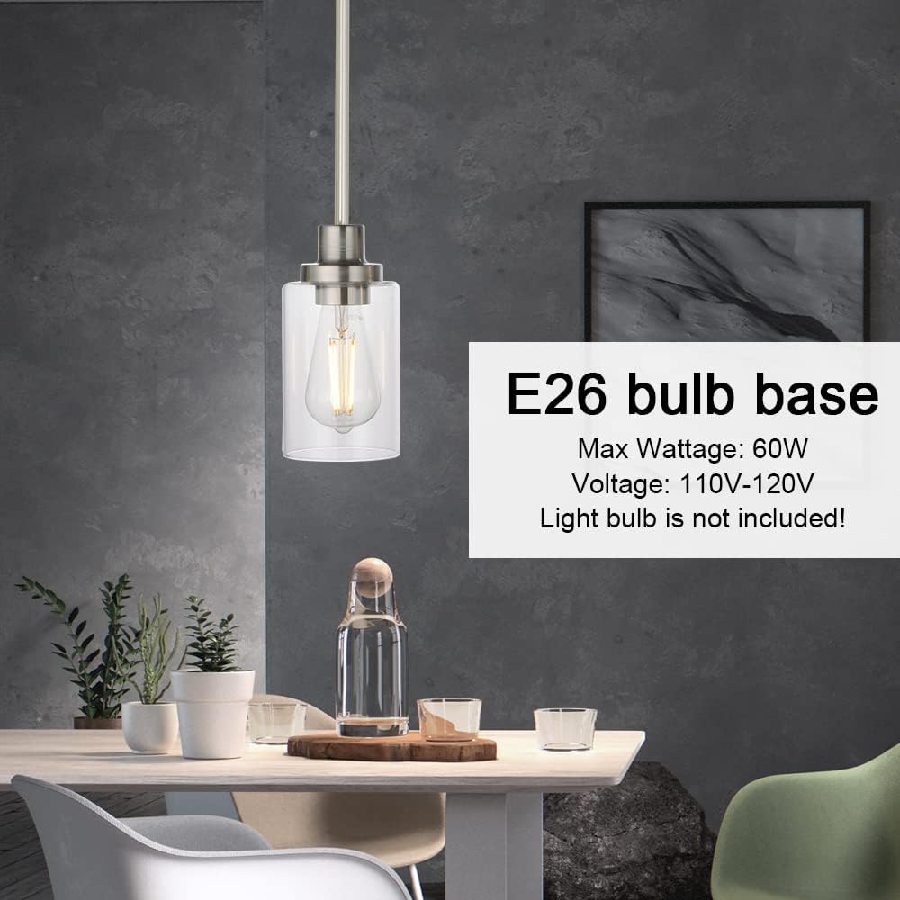 Close-up image of the MELUCEE Mini Pendant Light showing the E26 bulb base and specifying maximum wattage of 60W and voltage of 110V-120V. A note indicates the light bulb is not included.