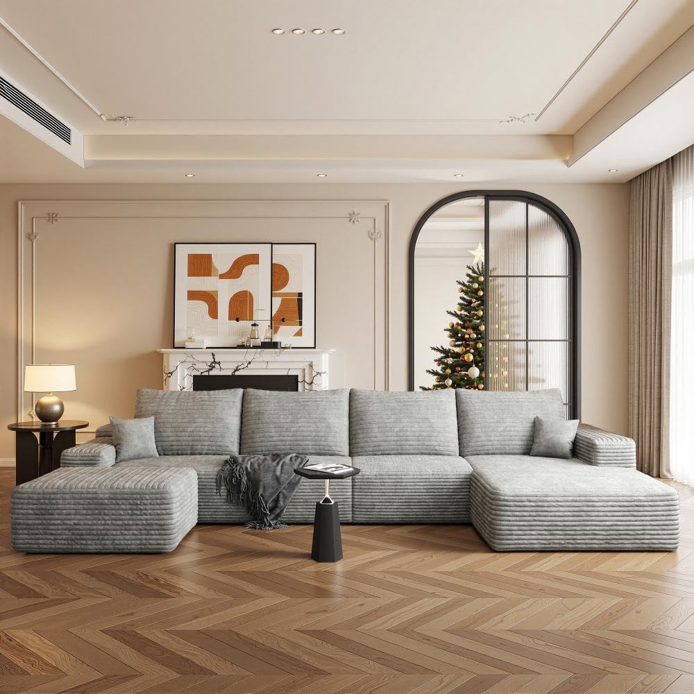 Boneless Couch, Modular Sectional Couches for Living Room, U-Shaped Cloud Couch Sofa with Deep Seat, Fluffy Corduroy Upholstered Corner Sofa