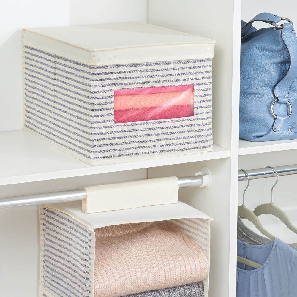 mDesign 6er-Set Stoffbox – praktische Aufbewahrungsbox mit Deckel und Sichtfenster für Schlaf-, Wohn- oder Badezimmer – stapelbare Schrankbox aus atmungsaktiver Kunstfaser – naturfarben/blau