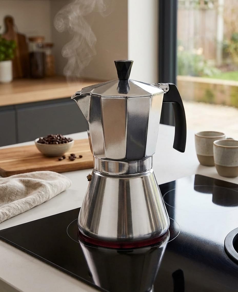 Suinga CAFETERA CLÁSICA ITALIANA de inducción de aluminio duradero y resistente. Capacidad de 9 tazas. Color Gris