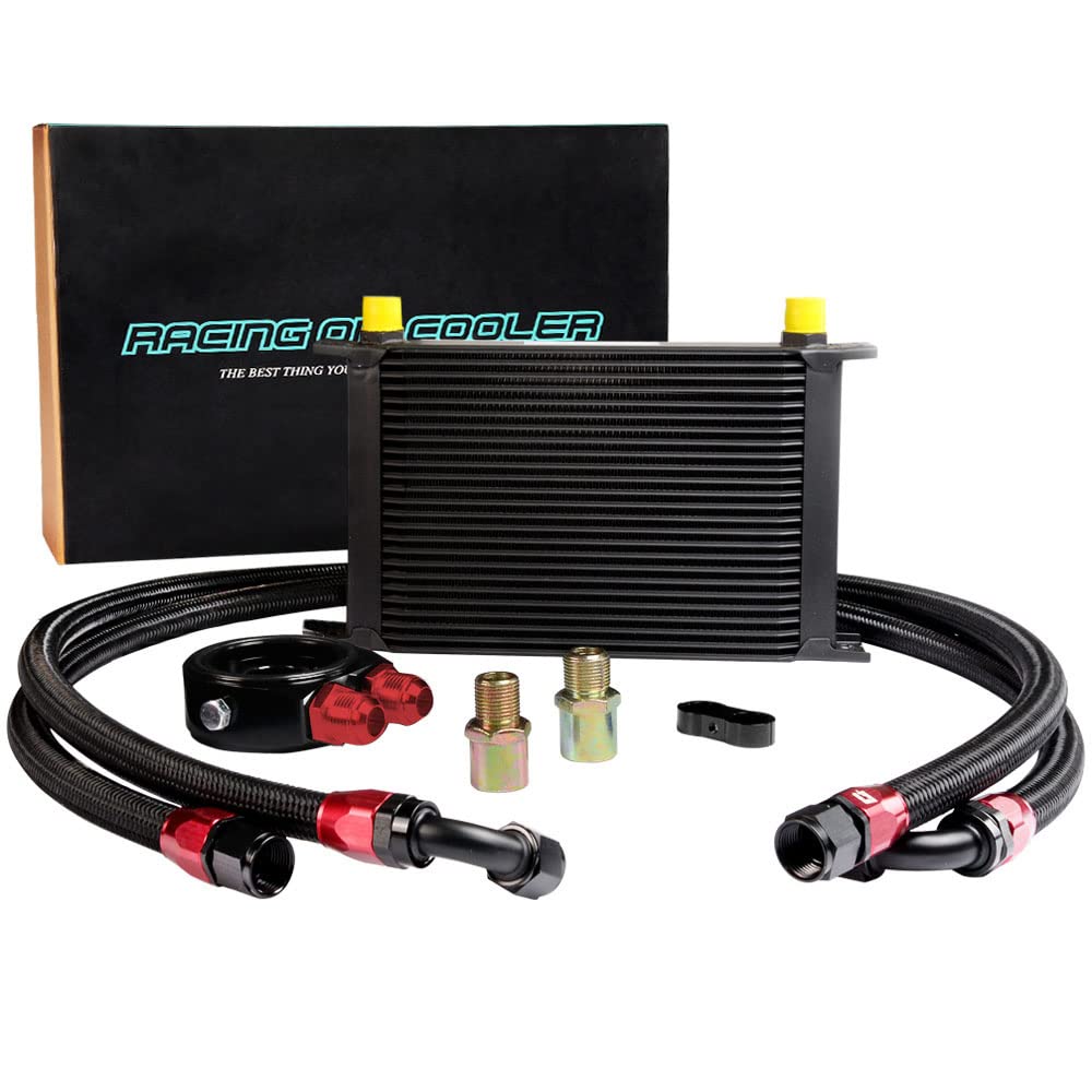 PIT66 25 Row AN10-10AN Universal Aluminum Engine Transmission Oil Cooler Kit+ Oil Filter Relocation Kit Black B Set