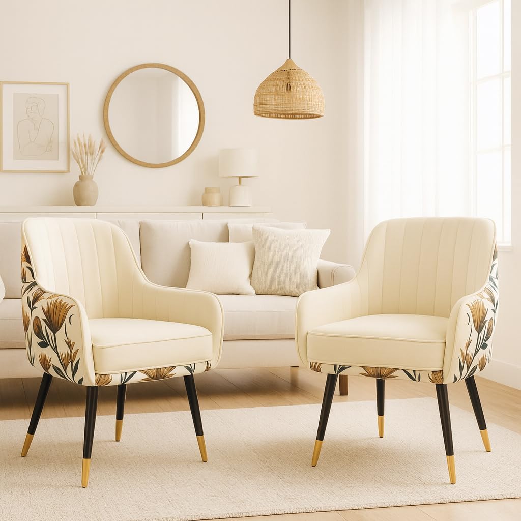 Velvet Accent Chair – Modern Upholstered Armchair with Soft Cushion, Padded Armrests & Metal Legs | Comfortable Lounge Chair for Living Room, Bedroom, Office, (Floral White, Pack of 2)-image-4