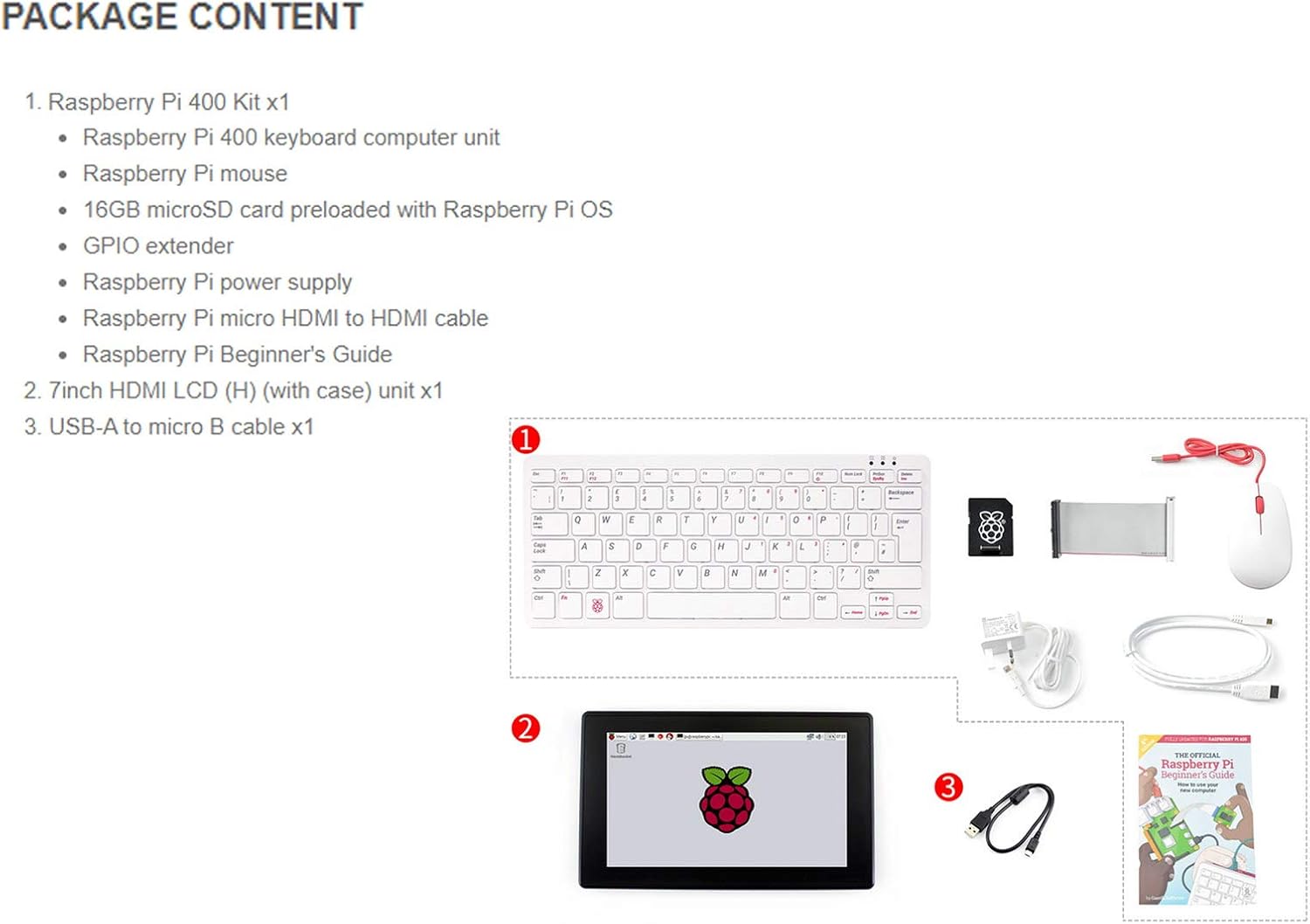 Waveshare Pi400 Kit Compatible with Raspberry Pi Bundle with 7inch HDMI Touch Display 1024×600 Pixels HDMI Port Up to 5-Point Capacitive Touch Support (9 Items)