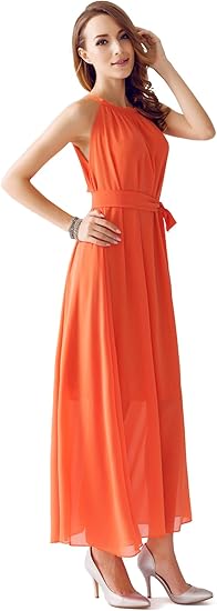 Amazon Co Jp Smileshine レディース ワンピース マキシ丈ワンピース ボヘミアン ノースリーブ ロングワンピースドレス シフォンドレス 春夏 無地 シンプル リゾート 海水浴 海辺 結婚式 パーティーに Free 全6色 春夏 オレンジ ファッション