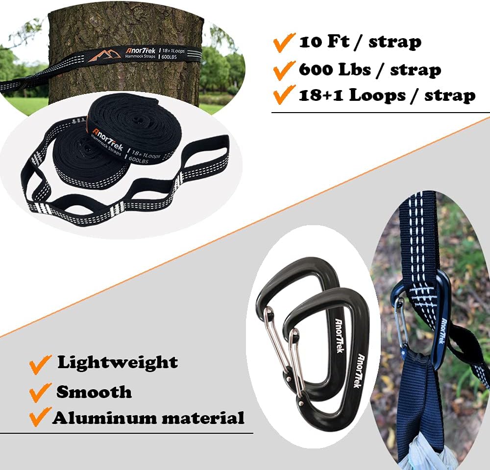 AnorTrek Camping Hammock, Double or Single Parachute Hammock with Two Tree Straps, Lightweight Portable Hammock for Camping, Hiking, Backpacking