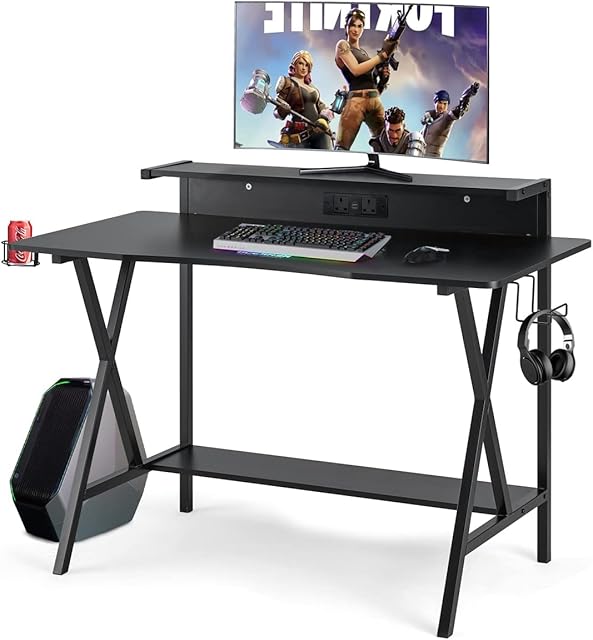EROMMY 105cm Gaming Desk Professional Computer Desk Laptop Table Gaming Workstation with USB Cup Holder, Headphone Hook and Built-in Power Strip Home Office Desk with Shelf (105cm)
