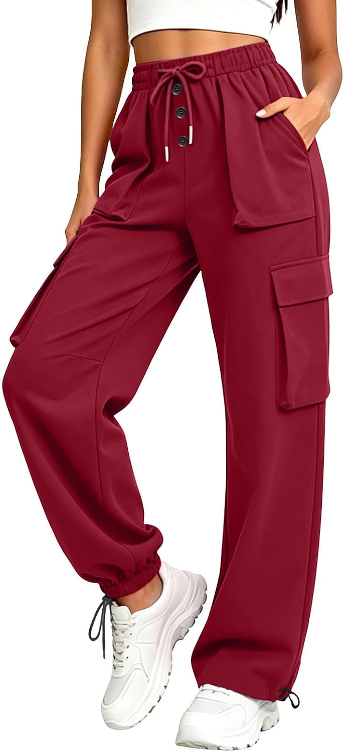Women's Quick Dry Cargo Pants High Waist Drawstring Solid Jogger Pants Outdoor Hiking Comfy Trousers with Pockets