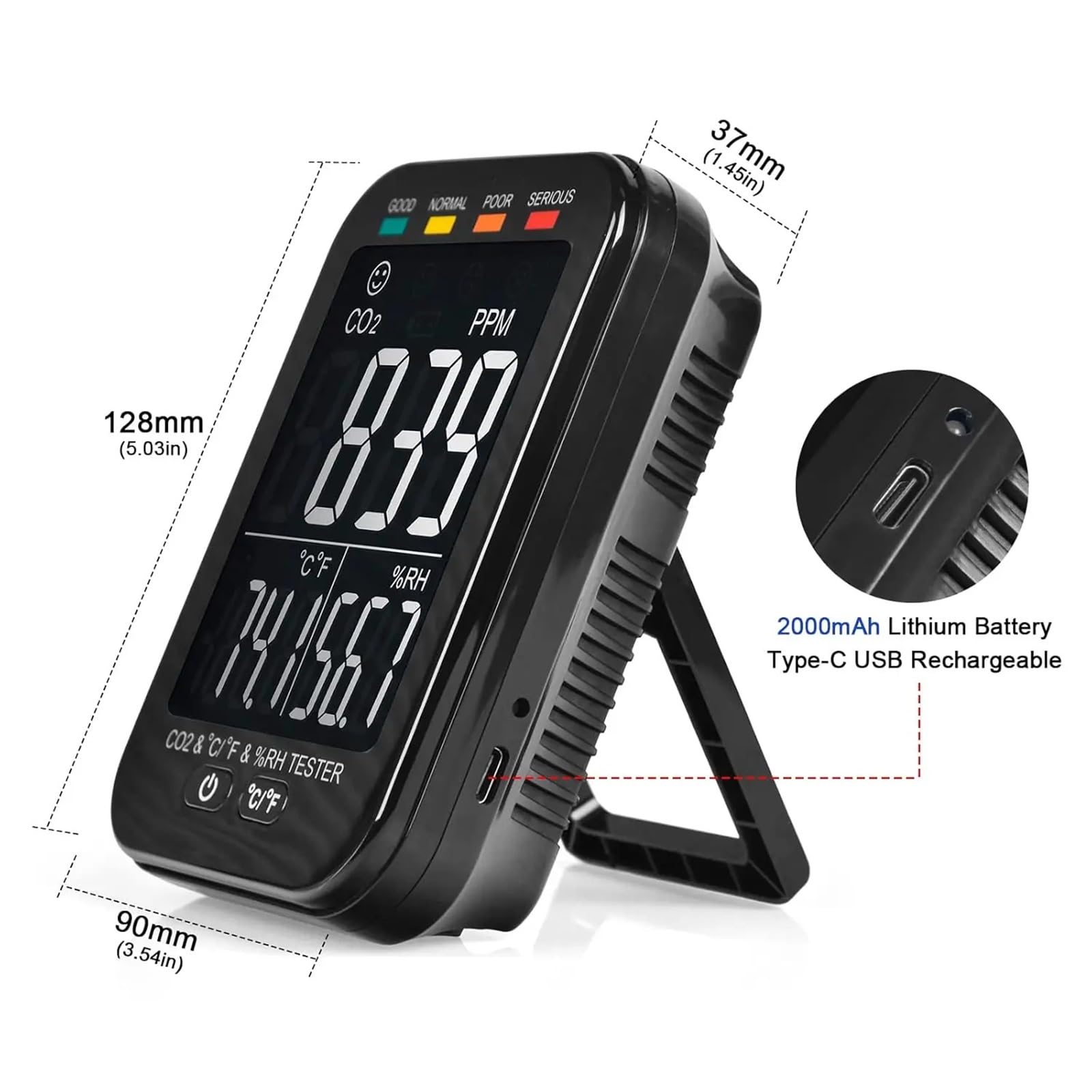 Detector de Gases, Monitor de Calidad del Aire CO2, Mide dióxido Carbono, Humedad y Temperatura en Interiores
