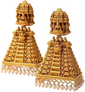Traditional Temple Jhumka Earrings, Gold-Toned, Antique Finish, Pearl Drops, Deity Motif Price In India