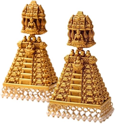 Traditional Temple Jhumka Earrings, Gold-Toned, Antique Finish, Pearl Drops, Deity Motif