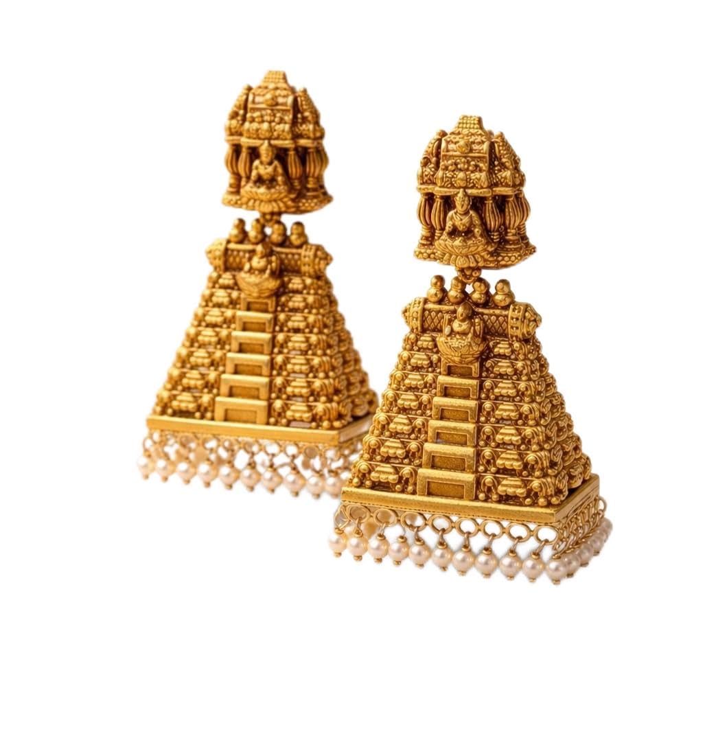 Traditional Temple Jhumka Earrings, Gold-Toned, Antique Finish, Pearl Drops, Deity Motif - Review, Price and Buying Guide