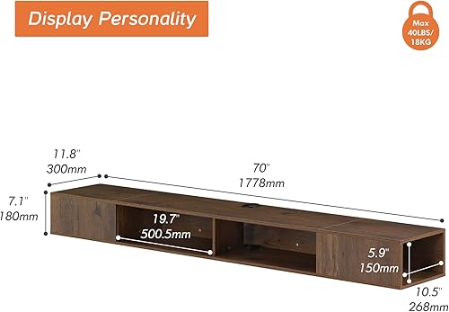 Miniatura 10 de Soporte de TV flotante con 16 luces coloridas cambiantes, centro de entretenimiento flotante de 70 pulgadas de hasta 80 pulgadas, soporte de TV