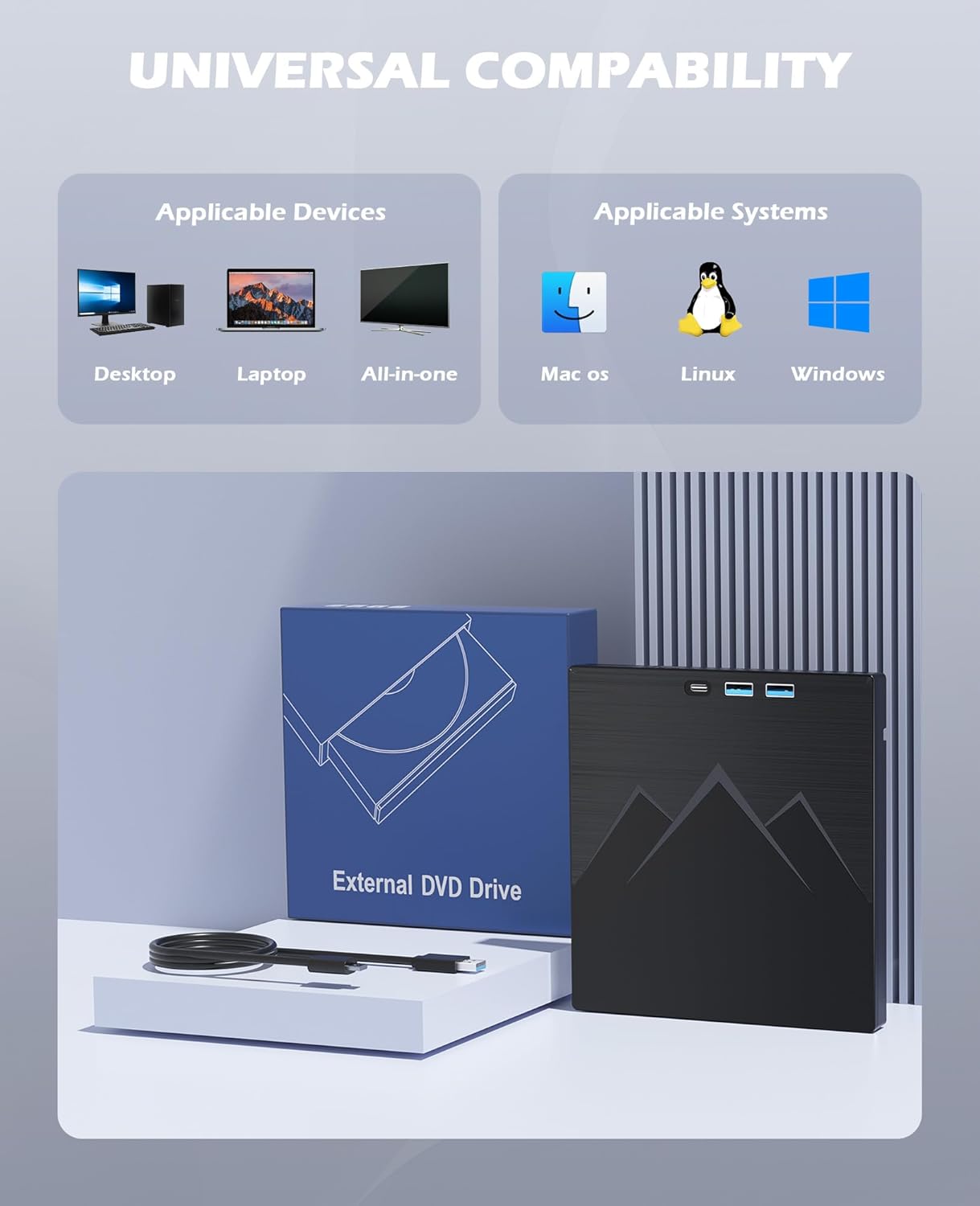 7 in 1 External CD/DVD Drive For Laptop With LAN PORT, Portable DVD Player For Laptop With Ethernet Adapter SD/TF Port , External DVD Drive With USB 3.0/Type C, CD Drive USB For PC Windows Linux