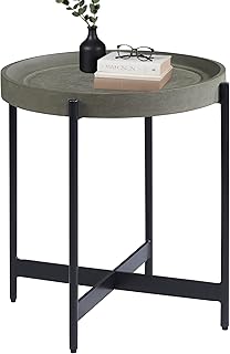Brookline 20-Inch Round Wood End Table with Concrete Coating and Powder-Coated Iron Legs – Tray Style Top Home Accent for Living Room, Bedroom or Office by Alaterre Furniture (Gray)
