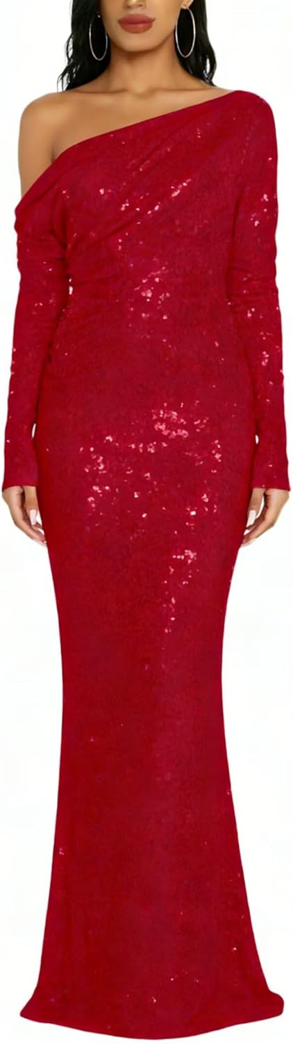 One Shoulder Prom Dress for Women-Velvet Sequin Ball Gowns Mermaid