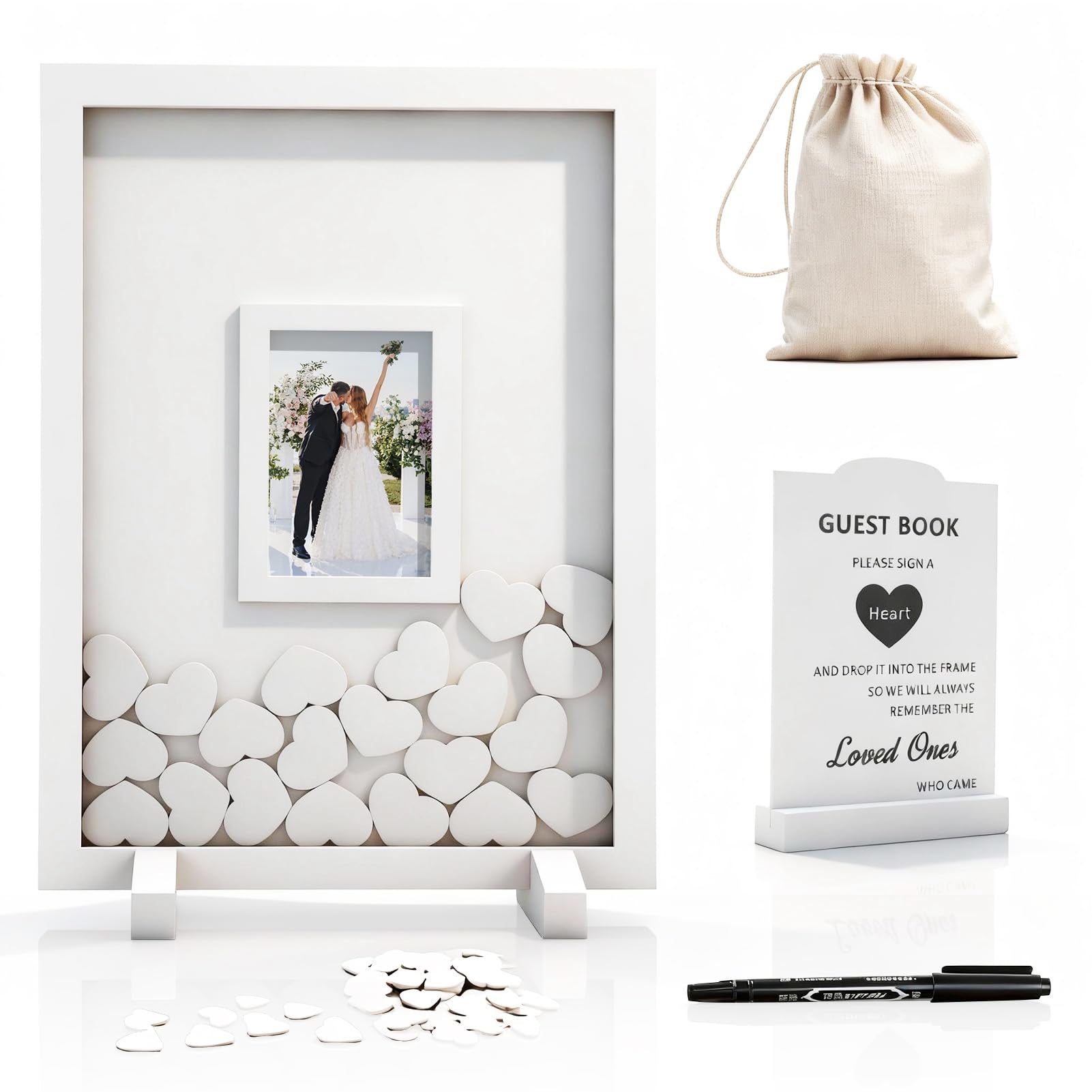 Gugxiom Libro degli ospiti alternativo per matrimonio, cornice in legno per album con oltre 90 cuori, libro degli ospiti alternativo per matrimonio, festa di nascita, anniversario, compleanno (Bianco)