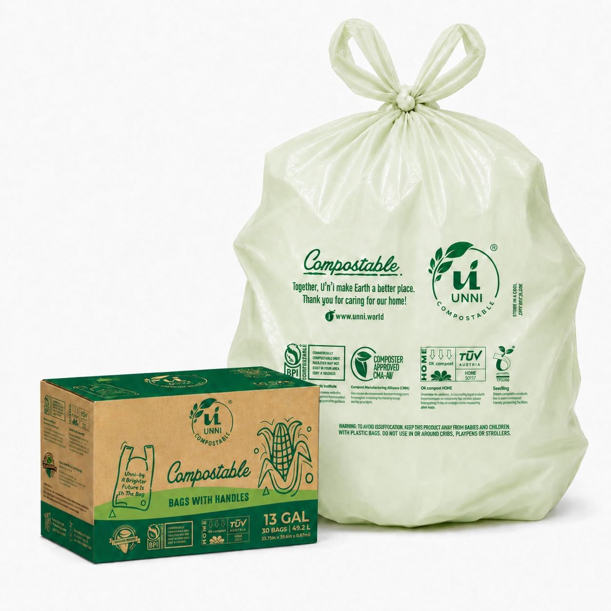 UNNI 13 Gallon Compostable Bags with Easy-Tie Handles, 49.2 Liter, 30 Count