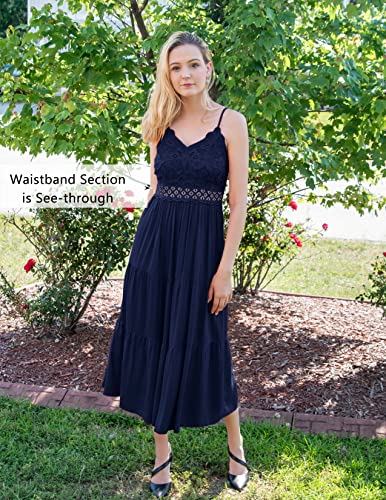 Image of Dokuritu Women's Beach Crochet Lace Maxi Dress Solid Color Summer Vacation Wedding Guest Spaghetti Strap Long Dress