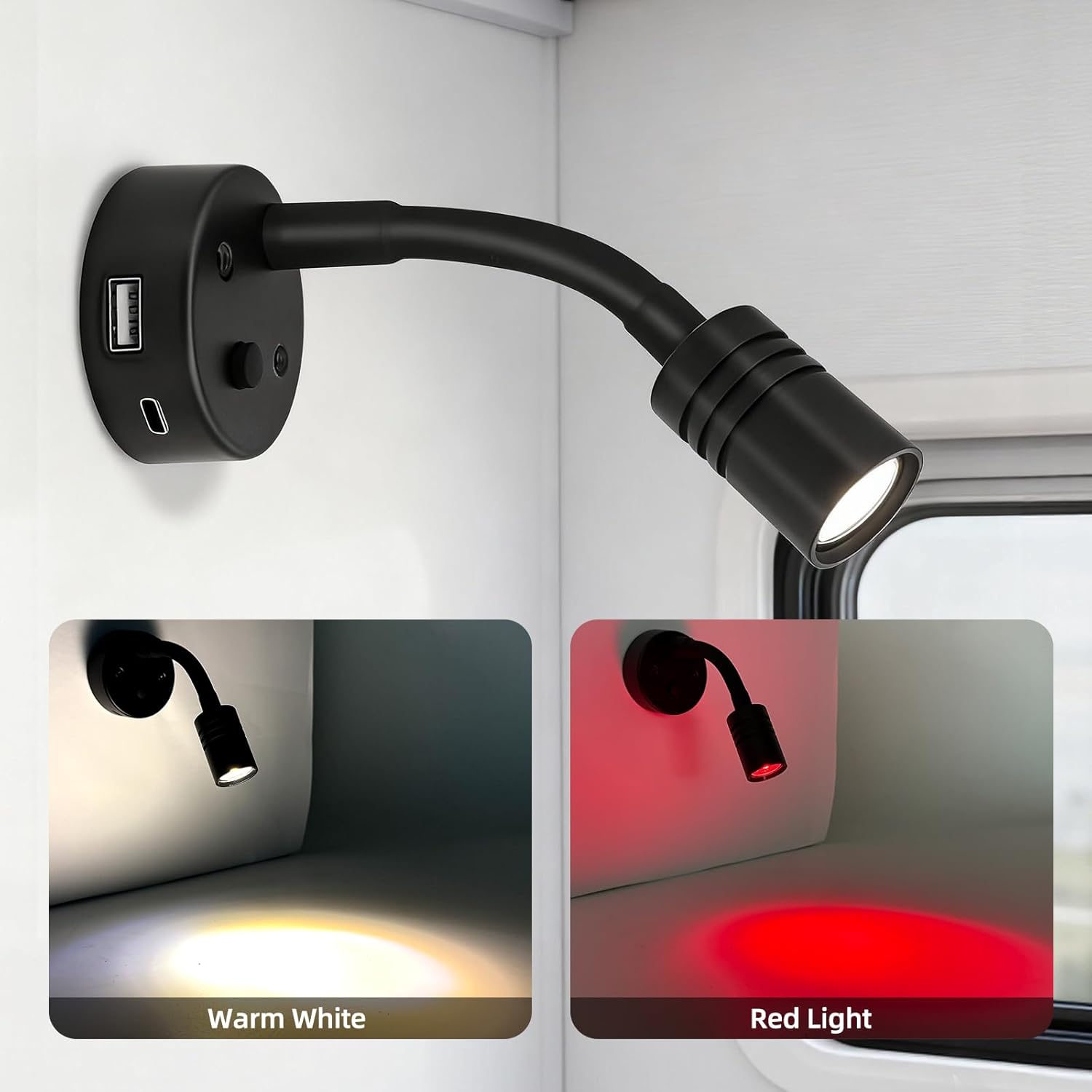 Black RV Short Flexible Gooseneck 12V Interior Light Bedside Reading Lamp 3000K Warm White and Red Night Light Mode + USB-C & USB-A Ports + Dimmable Switch, for Motorhome Camper Truck Van Caravan