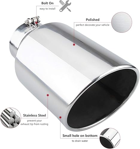 Miniatura 6 de Punta de escape de 5 pulgadas, entrada de 8 pulgadas, salida de 15 pulgadas de largo, perno de corte en tubo de escape pulido