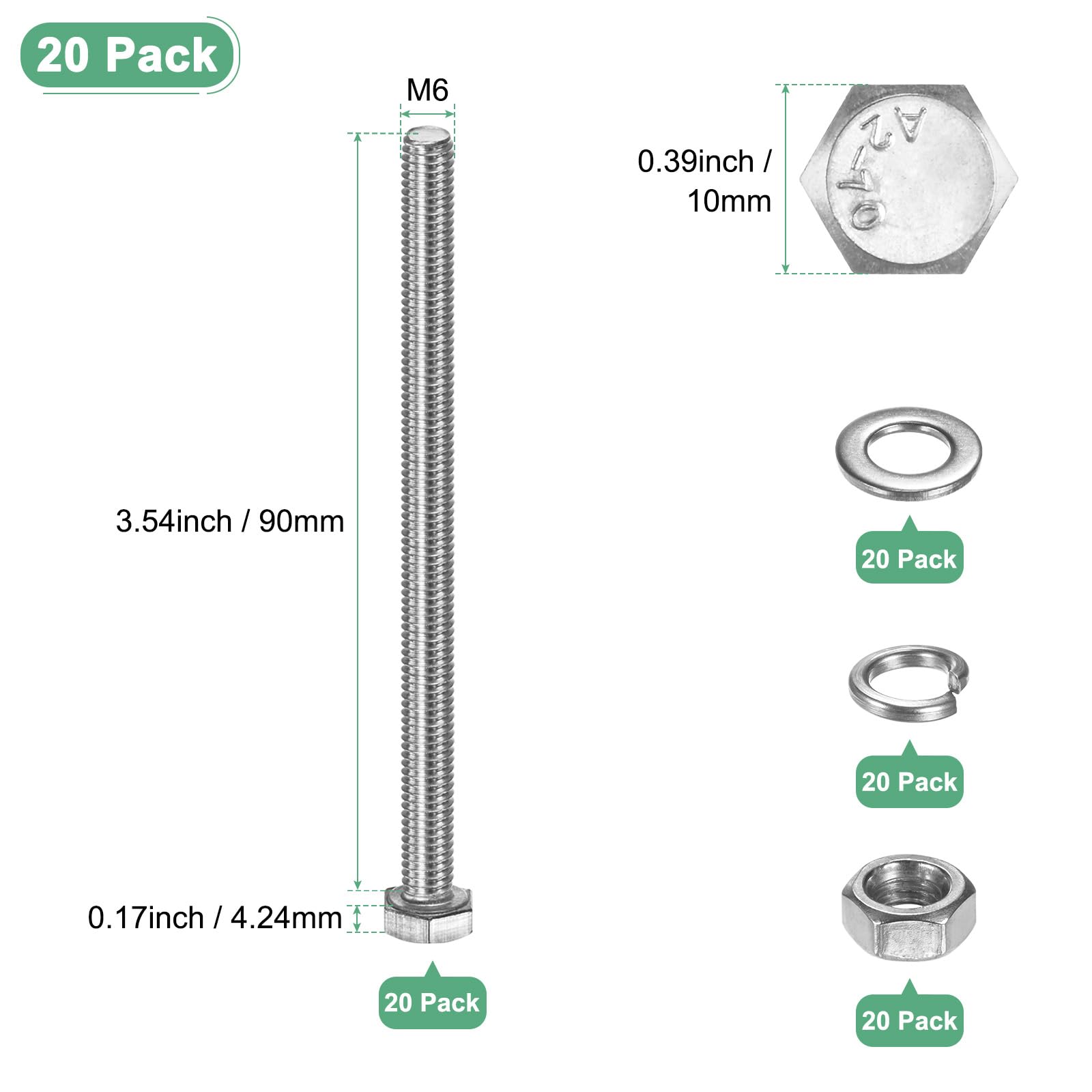 M METERXITY 20-Pack Hex Head Screw Bolt with Nuts Flat & Lock Washers M6x90mm Stainless Steel Bolts and Nuts Kit Fully Threaded Metric Bolt Assortment for Equipment/Machinery - Image 3