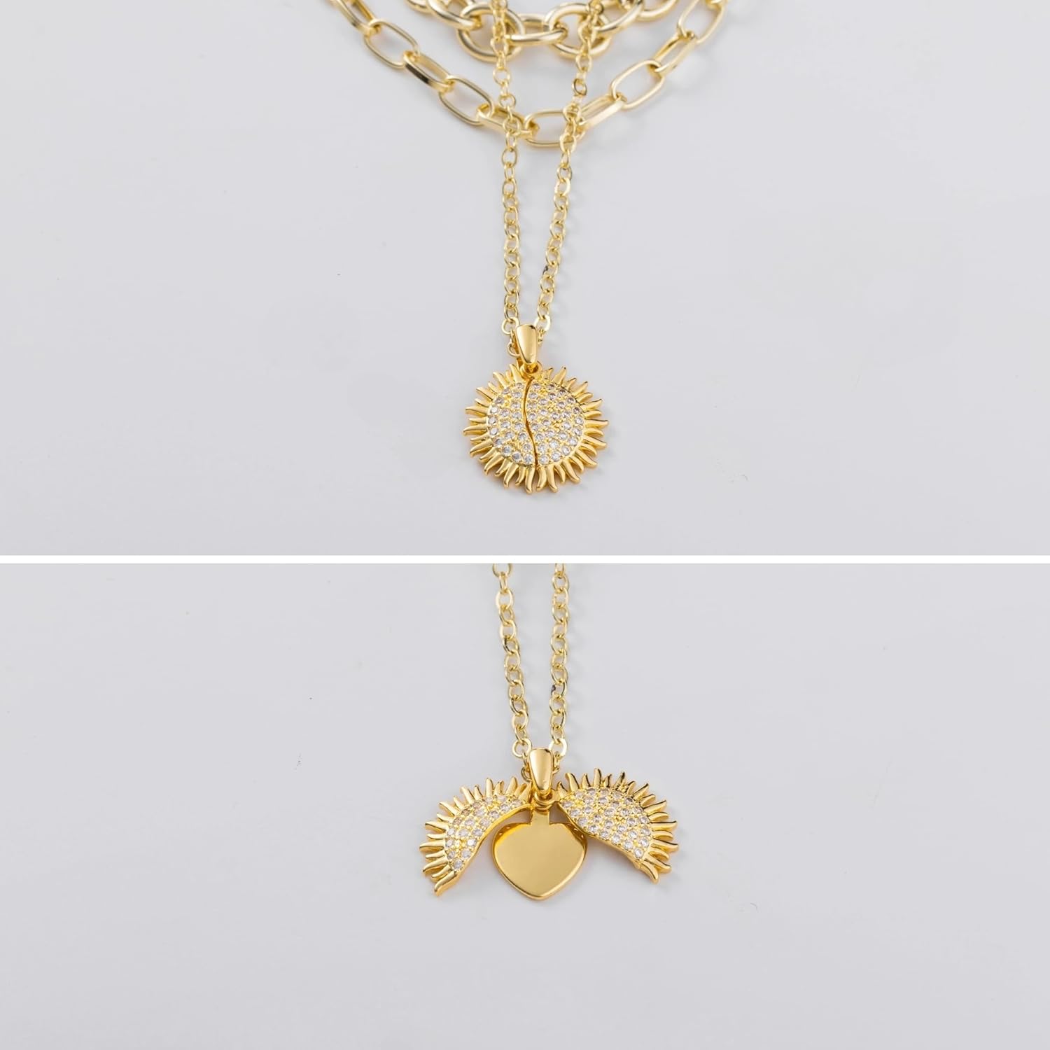 Gold Tone Layered Necklace for Women | 3-Layer Statement Chain with Folding CZ Sun&... - Image 6