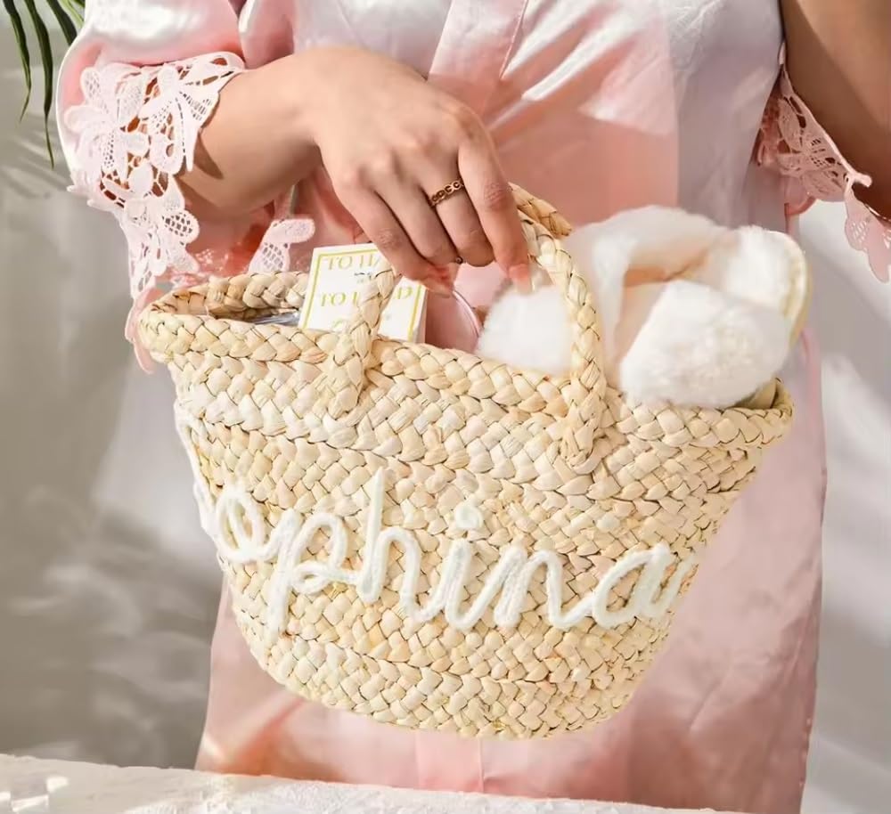 Bolso Pequeño Personalizado For Mujer, Cesta Tejida De Paja For Niña De Las Flores, Bolso De Mano Con Nombre Bordado Personalizado For Dama De Honor, Ideal For Bodas, Vacaciones, Viajes.