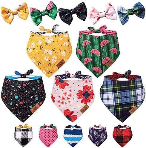 Seasonal Bandanas for Dogs – 10 Pack Handmade Reversible Pet Bandana for Dogs & Cats with Matching Bow or Bow Tie – Adjustable, Soft Dog Scarf Triangle Bibs for Small, Large & Extra Large Breeds