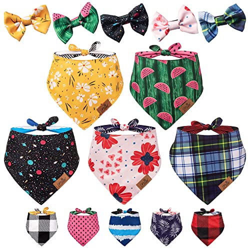 Seasonal Bandanas For Dogs – 10 Pack Handmade Reversible Pet Bandana For Dogs & Cats With Matching Bow Or Bow Tie – Adjustable, Soft Dog Scarf Triangle Bibs For Small, Large & Extra Large Breeds #TOP20