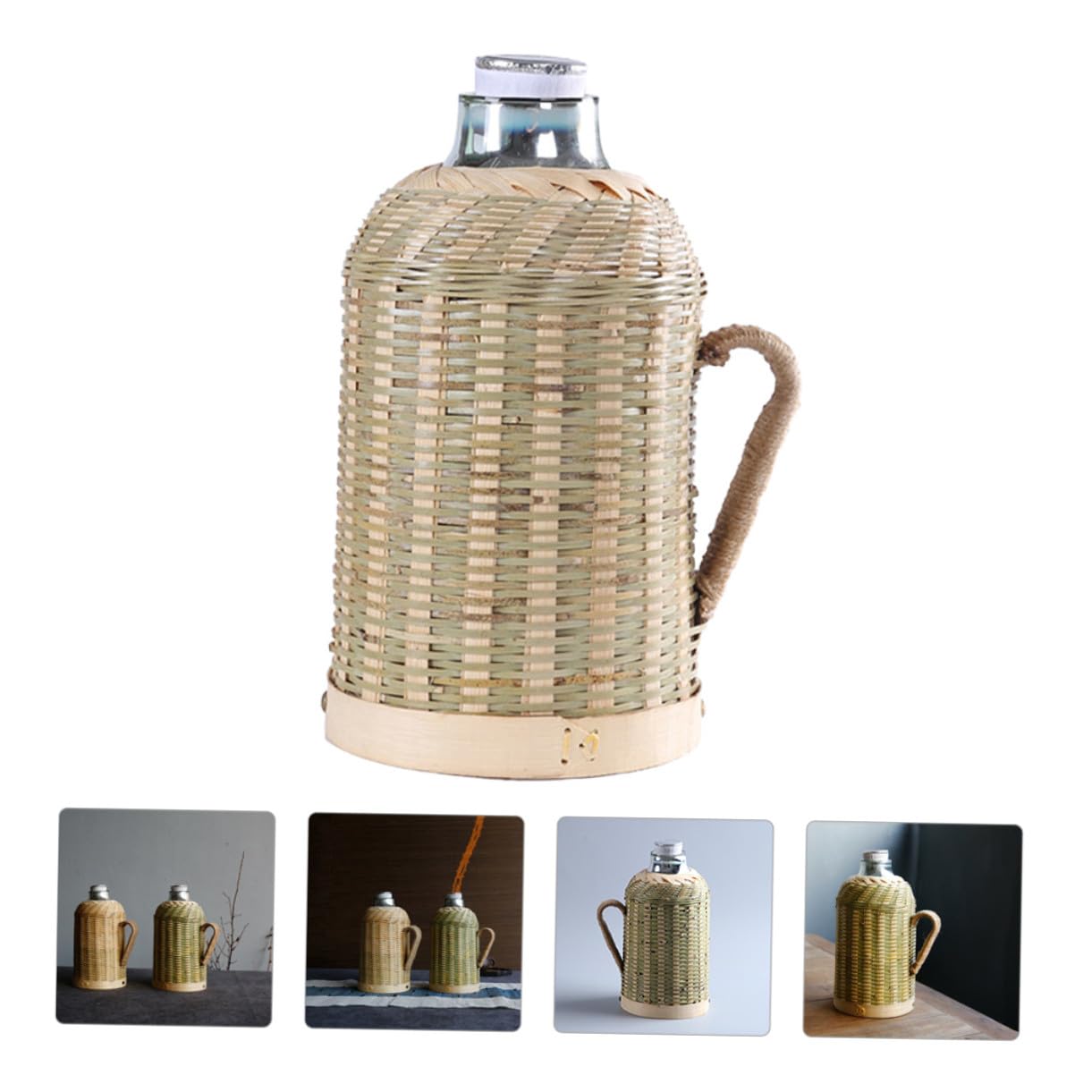BESPORTBLE Bouilloire Isotherme 16 L en Verre et Bambou Tissé Isolation Thermique Bouteille d'Eau pour Boissons Chaudes et Froides Carafe Isotherme de Bureau et Voyage Style Rétro