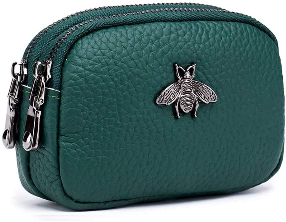 Monedero de Cuero Genuino para Mujer - Doble Cremallera Bolsa de Cambio Abeja Portatarjetas (Verde)