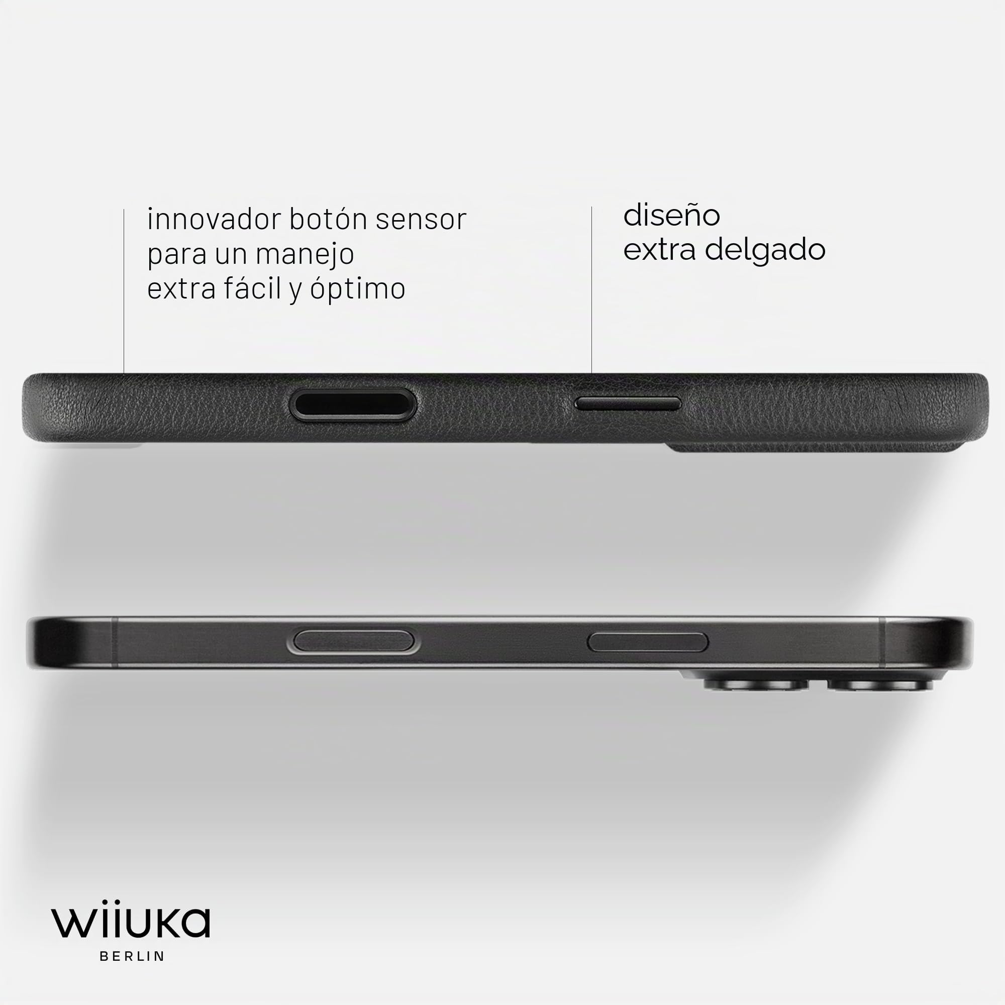 WIIUKA Funda para iPhone 17, piel de Alemania, funda de piel extrafina, funda premium para teléfono móvil, funda para teléfono móvil Qi, skiin, color negro