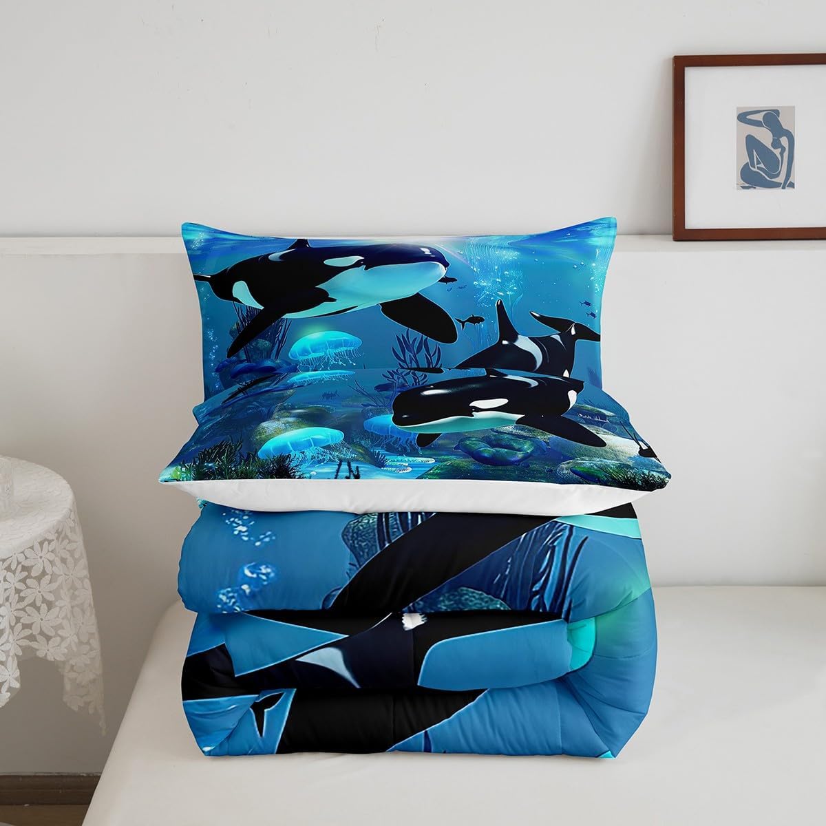 Teal Ocean Whale Comforter Set Jellyfish Killer Whale Bedding Sets The Underwater World Down Comforter Orcinus Orcas Deep Sea Animals Marine Life Quilt Set with 1 Comforter and 2 Pillow Cases Full