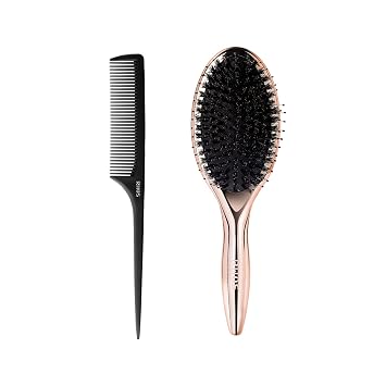 RHOS Boar and Nylon Bristle Hair Brush for Long, Curly, Thick Hair | Soft Natural Bristle Brush for Smoothing & Shining, Gift Set Includes Rat Tail Comb, Storage Bag 0.79inch Bristle