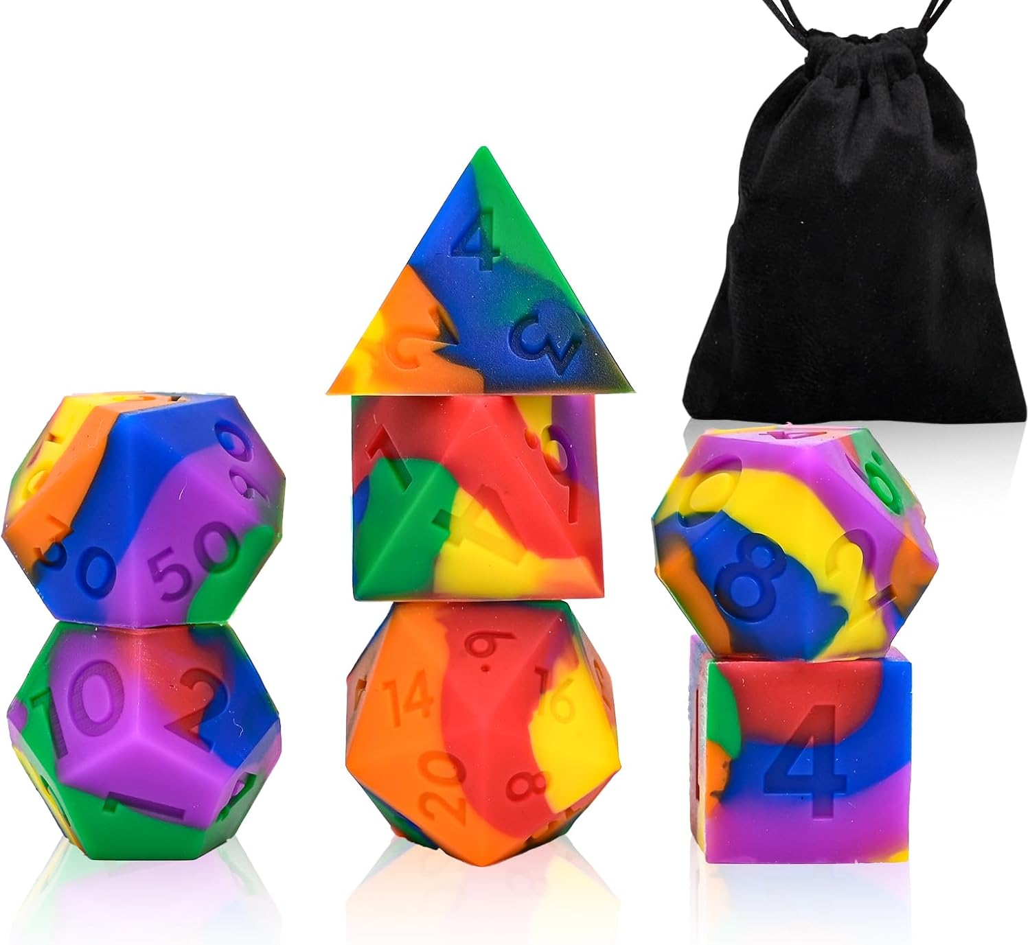 Silicone Dice, DND7PCS Piece Silicone Dice Set, with Flannelette Bag Storage Box, Suitable for Dungeons & Dragons Role-Playing and Board Games. (Colored Green)