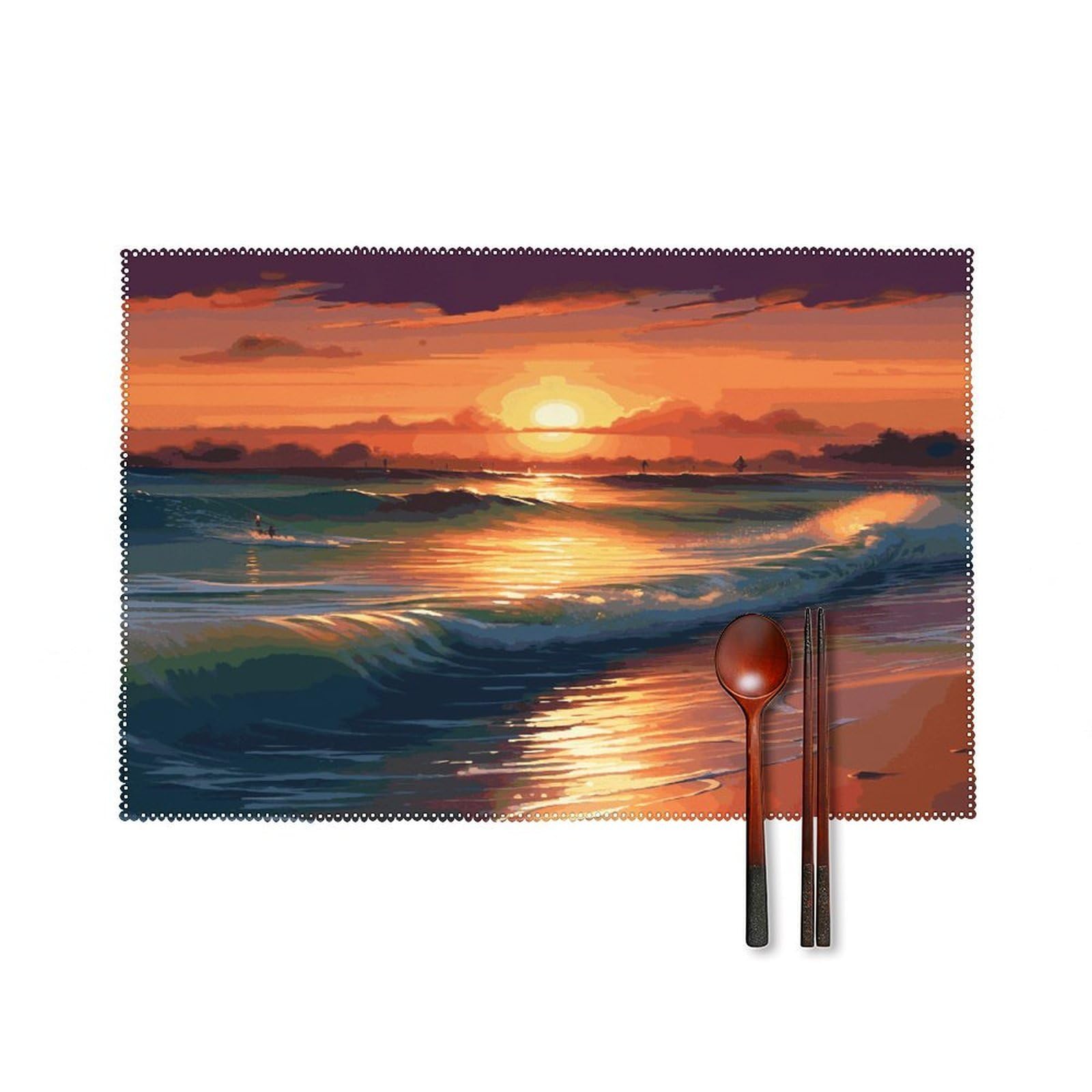 Sunset Seaside Placemats Washable Canvas Place Mats Decoration Placemat for Dining Table Easy to Clean Tables Mat Set of 6 for Kitchen Dining Room Coffee Table