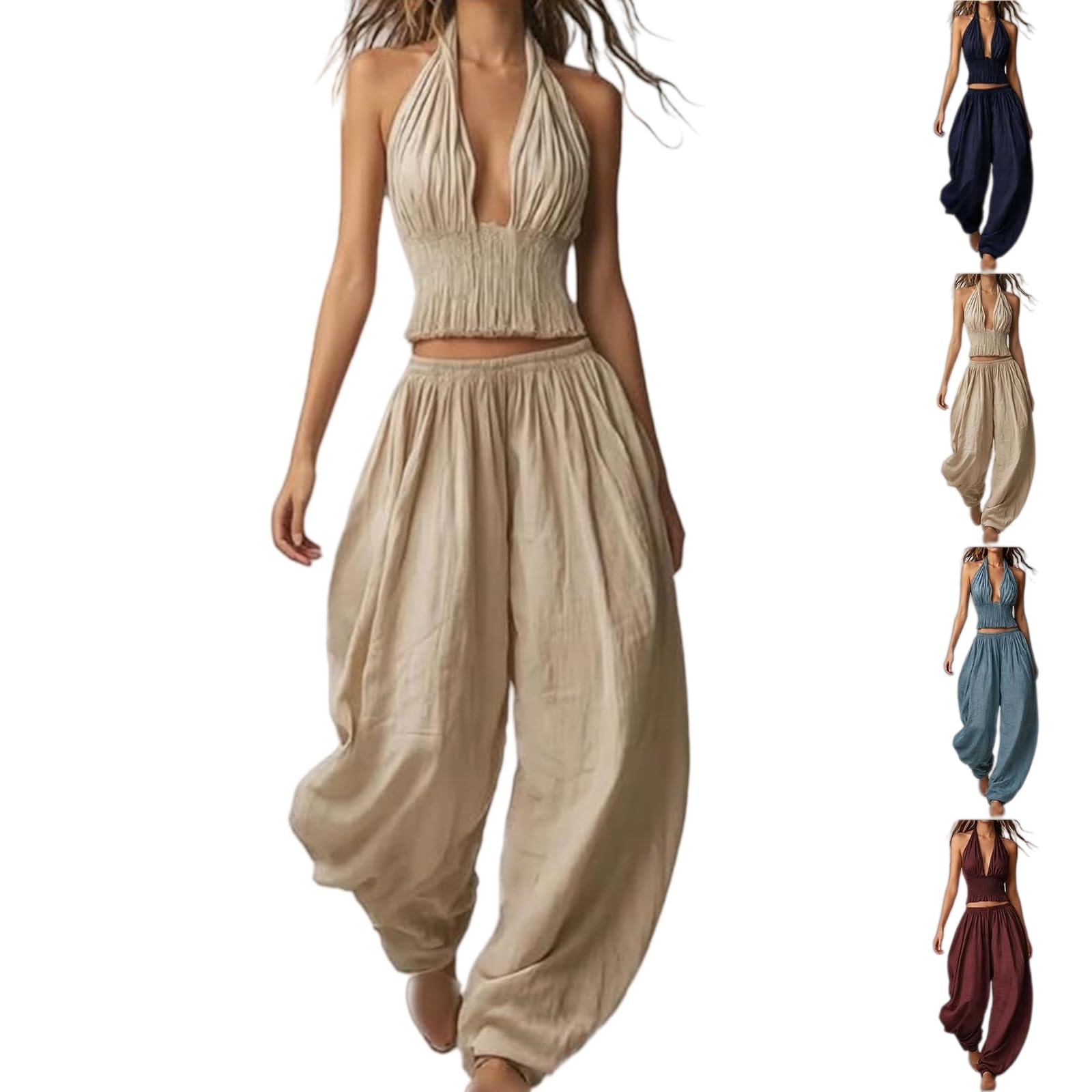 Ensemble deux pièces bohème : crop top dos nu (coupe américaine) en coton et lin avec détails smockés et pantalon sarouel ample