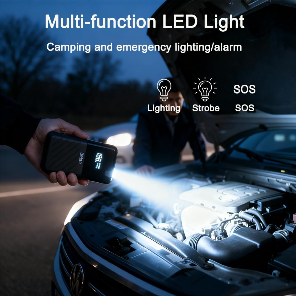 8000Ah 12 Volt Ultra-Safe Portable Lithium Battery Car Jump Starter Kit, Jump Starter Power Bank and Booster Cables for Up to Petrol Engines