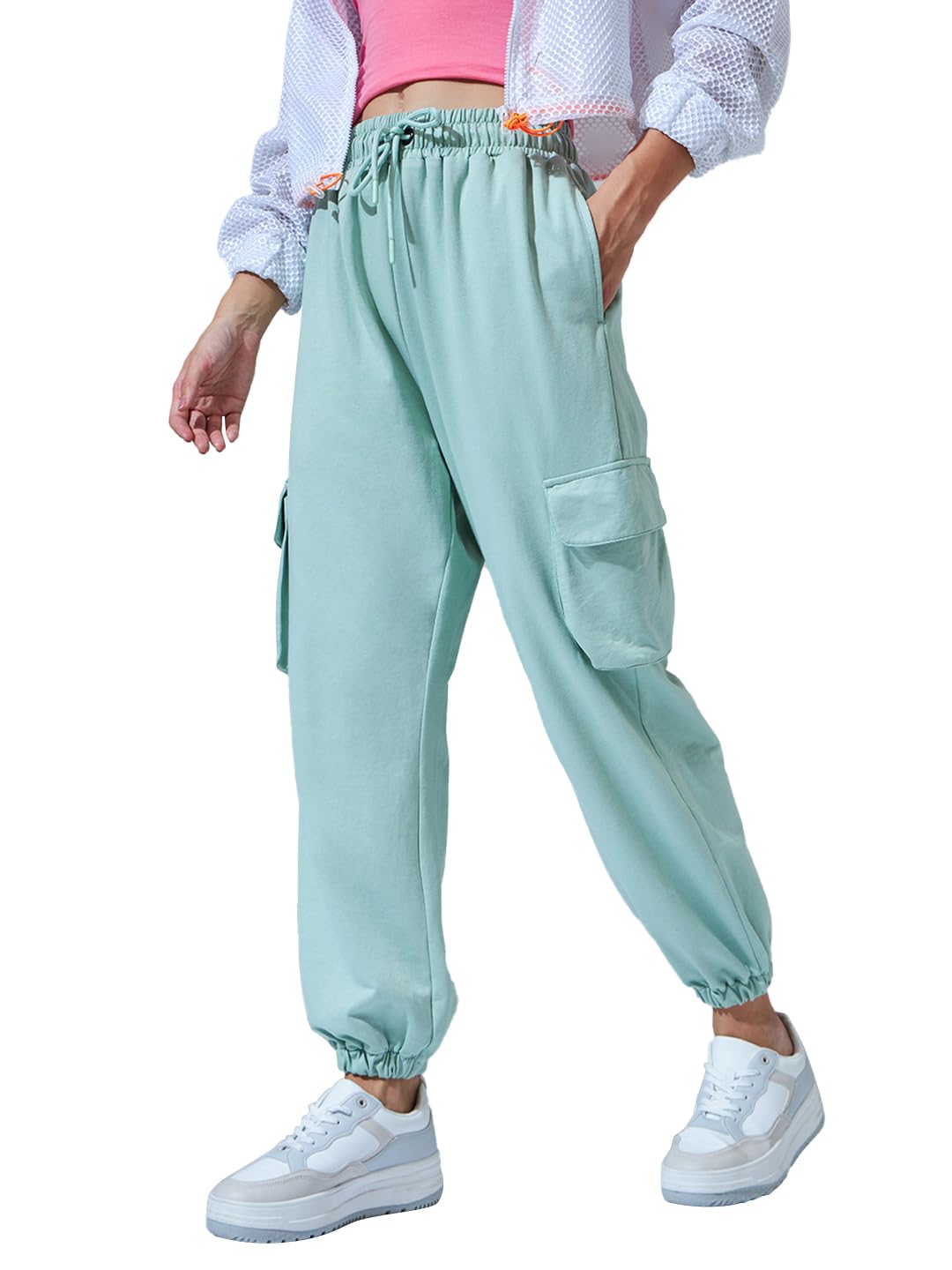 bewakoof Womens Mid Rise Air 1.0 Solid Super Loose Fit Terry Cargo Joggers| Track Pants | Lightweight & Flexible Elastic Waist with Drawstring | Casual Joggers | Cargo Utility Joggers-picture-36