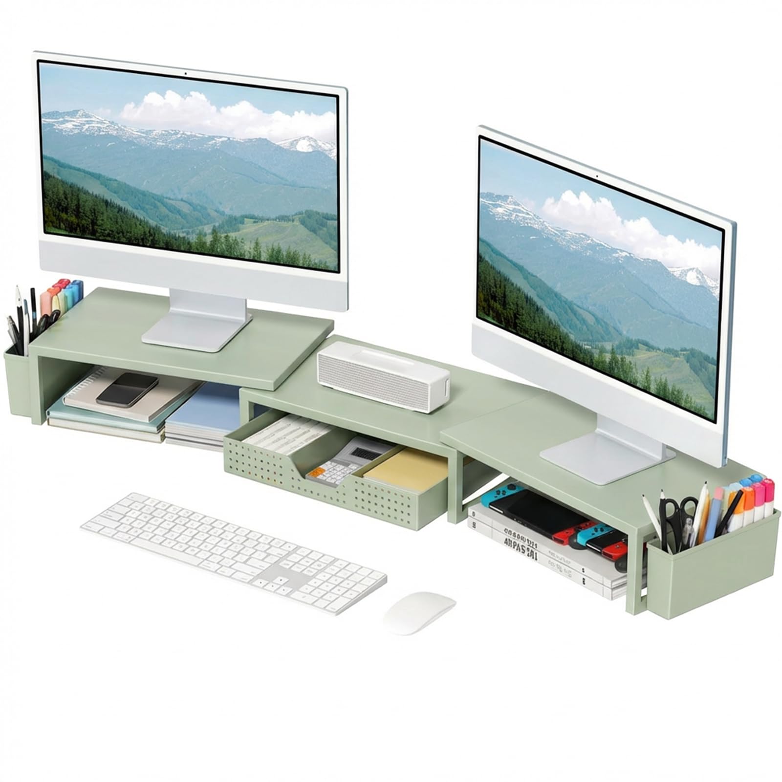Photo 1 of OPNICE Desk Organizers and Accessories, Dual Monitor Stand Riser with Drawer and 2 Pen Holders, Desk Shelf Printer Stand for Office Workspace Organizers, Desktop Organization (Sage Green)
