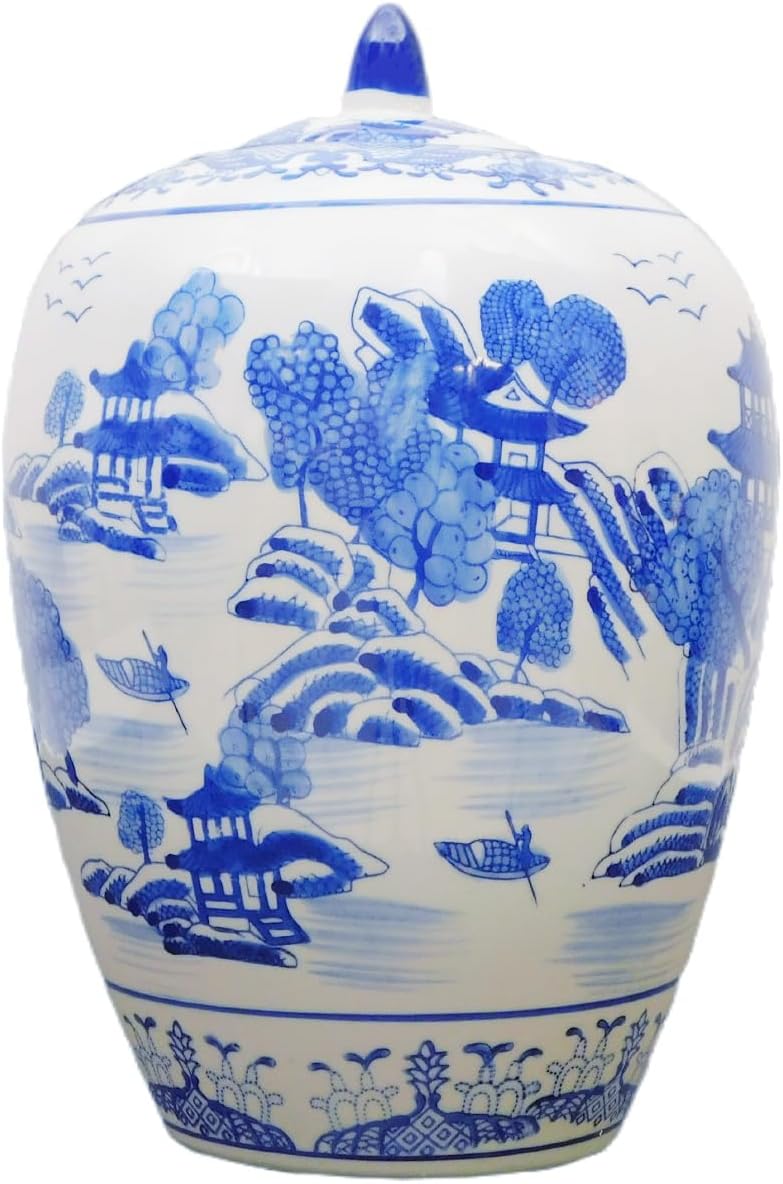 Oriental Furnishings Chinese Blue and White 11" High Porcelain Jar with Canton Landscape Painting and Lid