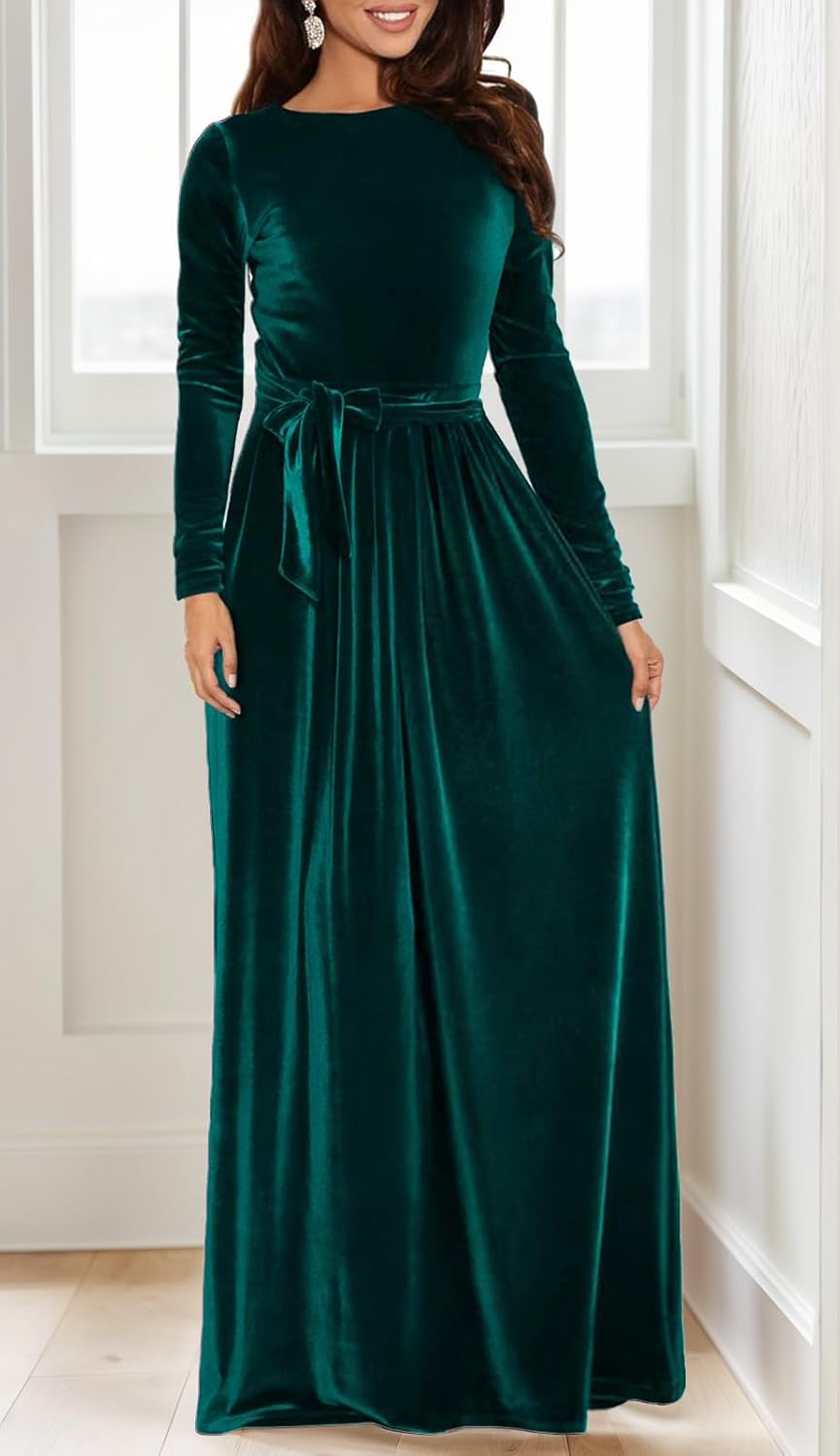 BestGirl Women's Velvet Maxi Dress Crew Neck Long Sleeve High Waist with Belt Cocktail Party Bridesmaid Dresses - Image 4