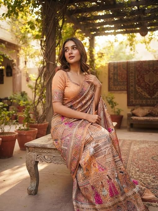 Image of Women's Pashmina Silk Saree with Kashmiri Thread Pallu and Zari Border