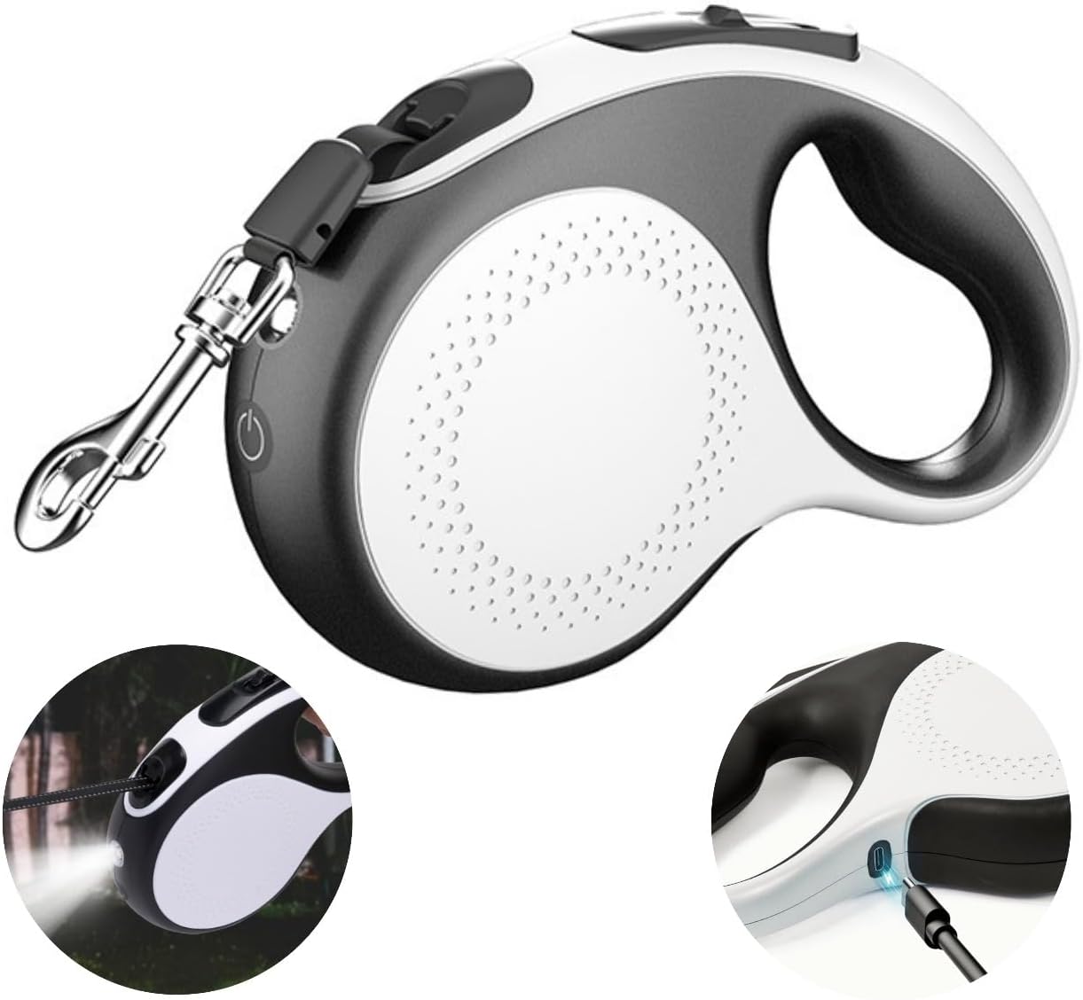 Retractable Dog Leash with Rechargeable LED Light – 16ft Heavy Duty Retractable Leash for Medium & Large Dogs (20–110 lbs) – 360° Tangle-Free with One-Handed Brake & Nylon Reflective Tape – White